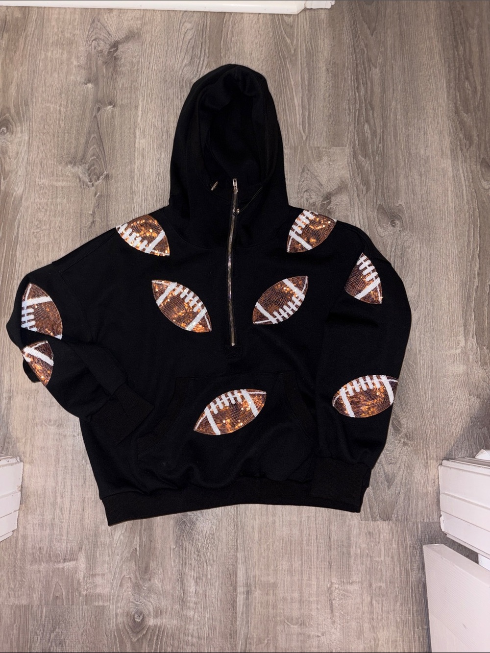 Black Football-Sequin Half-Zip Hoodie - Men Sweaters Zip Up